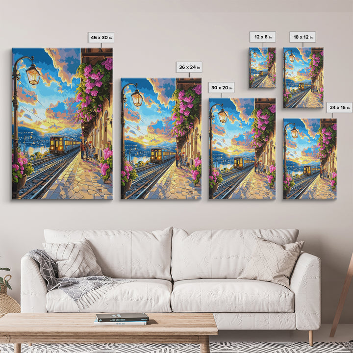 Coastal Sunset Train By Flowered Balcony Canvas Print, Mediterranean Wall Art, Travel Poster, Living Room Decor, Gift For Her