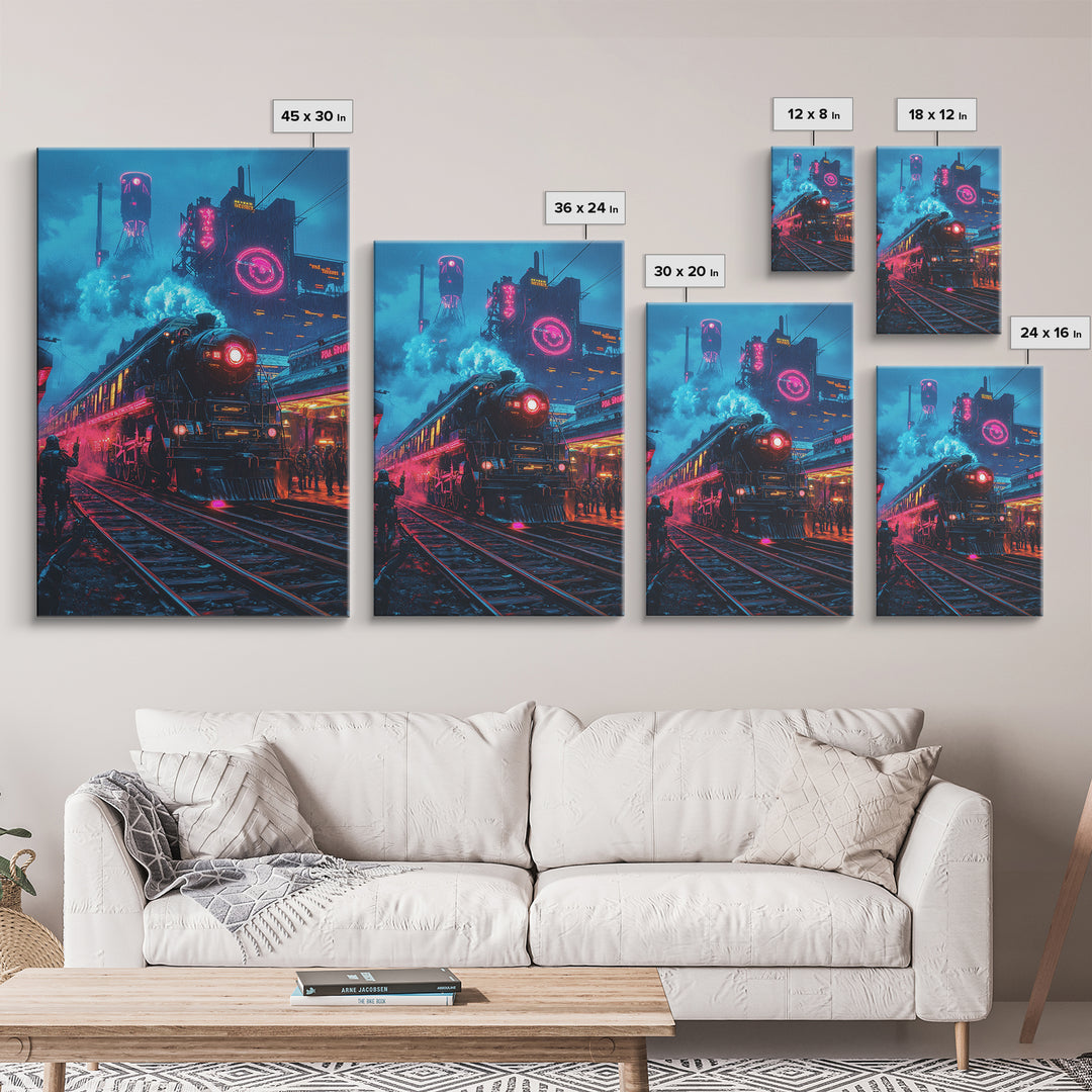 Neon Dystopian Steam Train Canvas Print, Cyberpunk City Wall Art, Futuristic Decor, Sci Fi Poster, Gaming Room Gift For Him