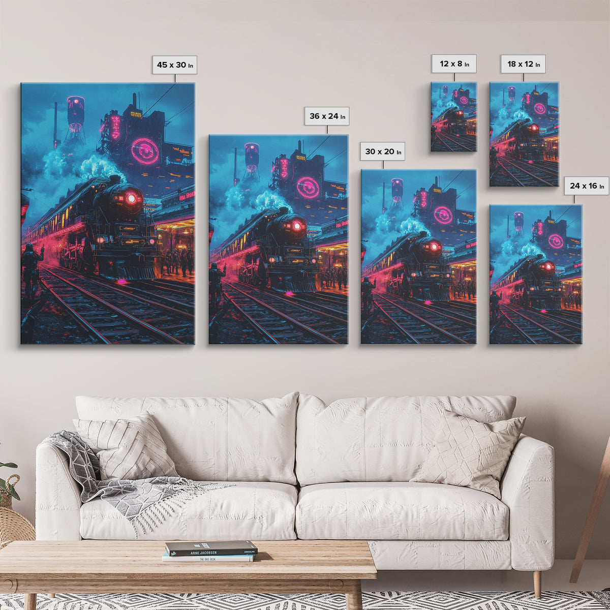 Neon Dystopian Steam Train Canvas Print, Cyberpunk City Wall Art, Futuristic Decor, Sci Fi Poster, Gaming Room Gift For Him