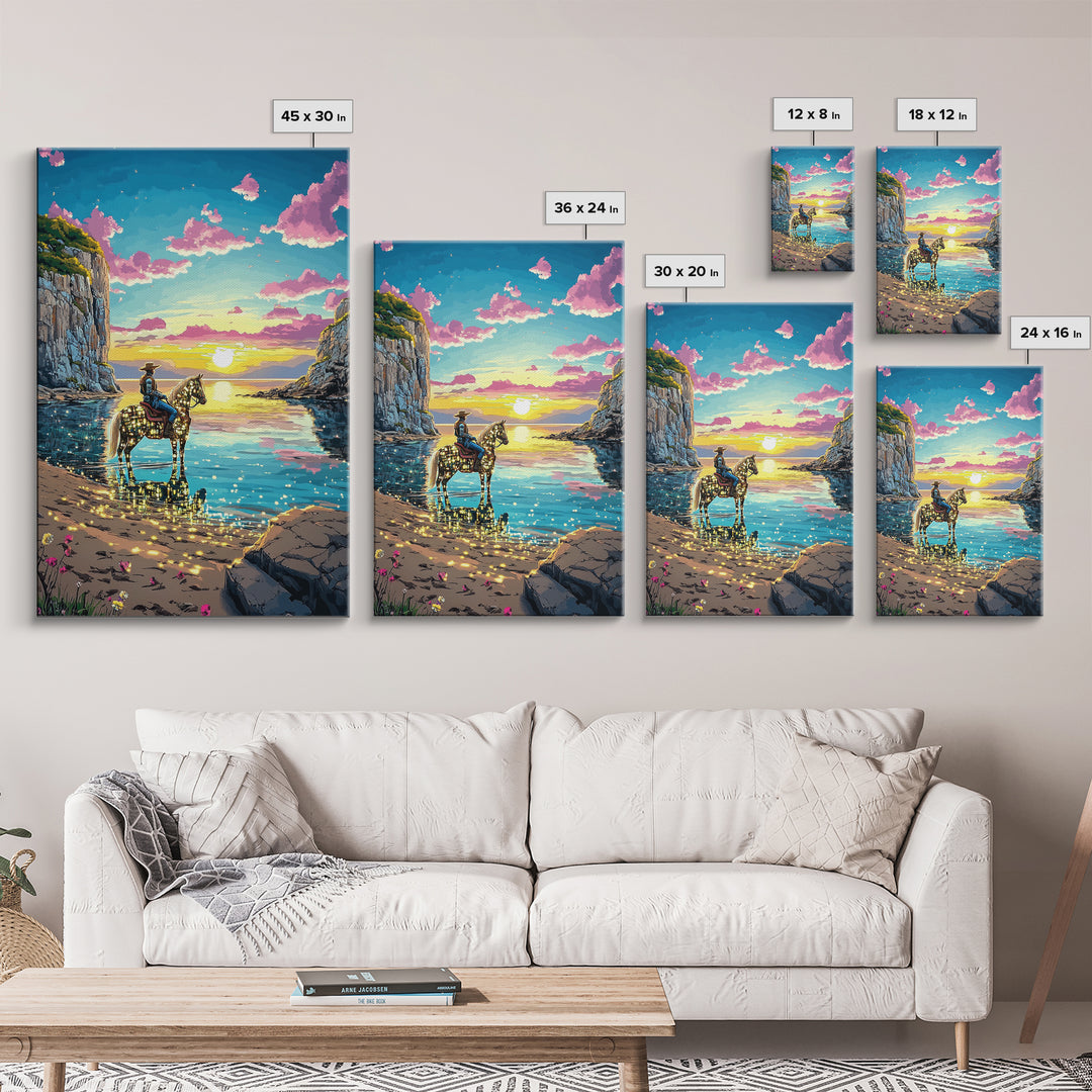 Glowing Cowgirl Horse On Sunset Cove Canvas Print, Western Wall Art, Coastal Decor, Romantic Bedroom Art, Unique Gift For Her