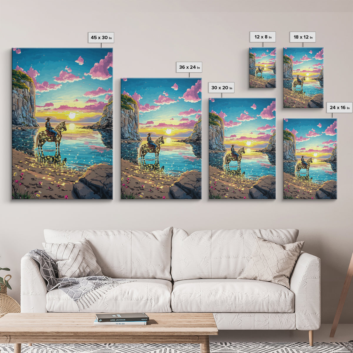 Glowing Cowgirl Horse On Sunset Cove Canvas Print, Western Wall Art, Coastal Decor, Romantic Bedroom Art, Unique Gift For Her