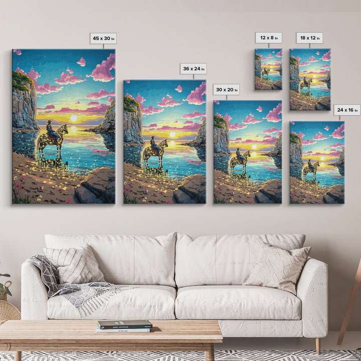 Glowing Cowgirl Horse On Sunset Cove Canvas Print, Western Wall Art, Coastal Decor, Romantic Bedroom Art, Unique Gift For Her