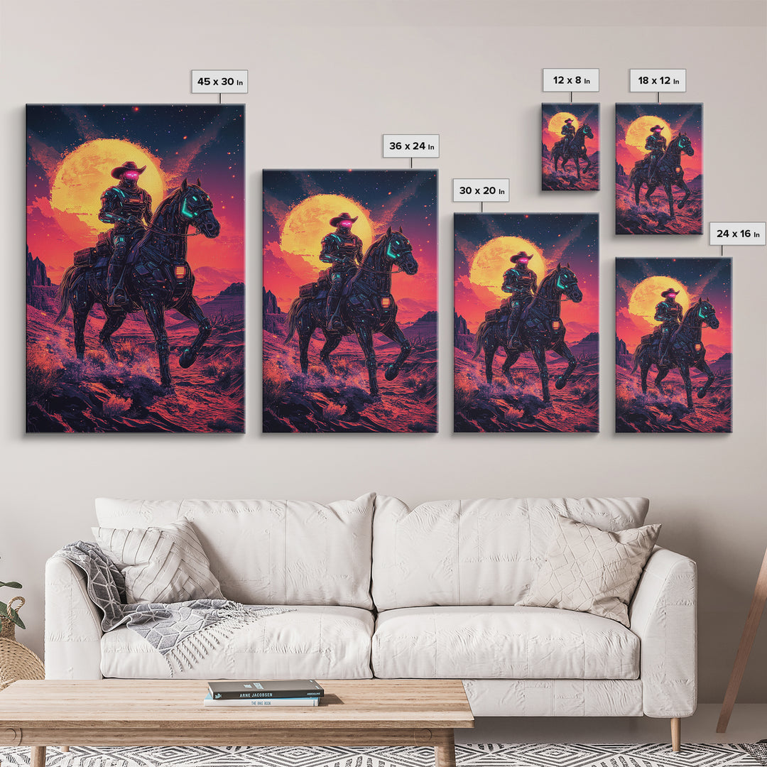 Cyberpunk Cowboy On Robotic Horse Canvas Print, Neon Western Wall Art, Futuristic Desert Decor, Sci Fi Poster, Gift For Him