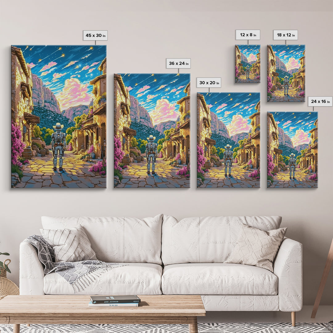 Astronaut In Canyon Village Under Meteors Canvas Print, Futuristic Wall Art, Space Decor, Sci Fi Poster, Gamer Room Decor, Gift For Him