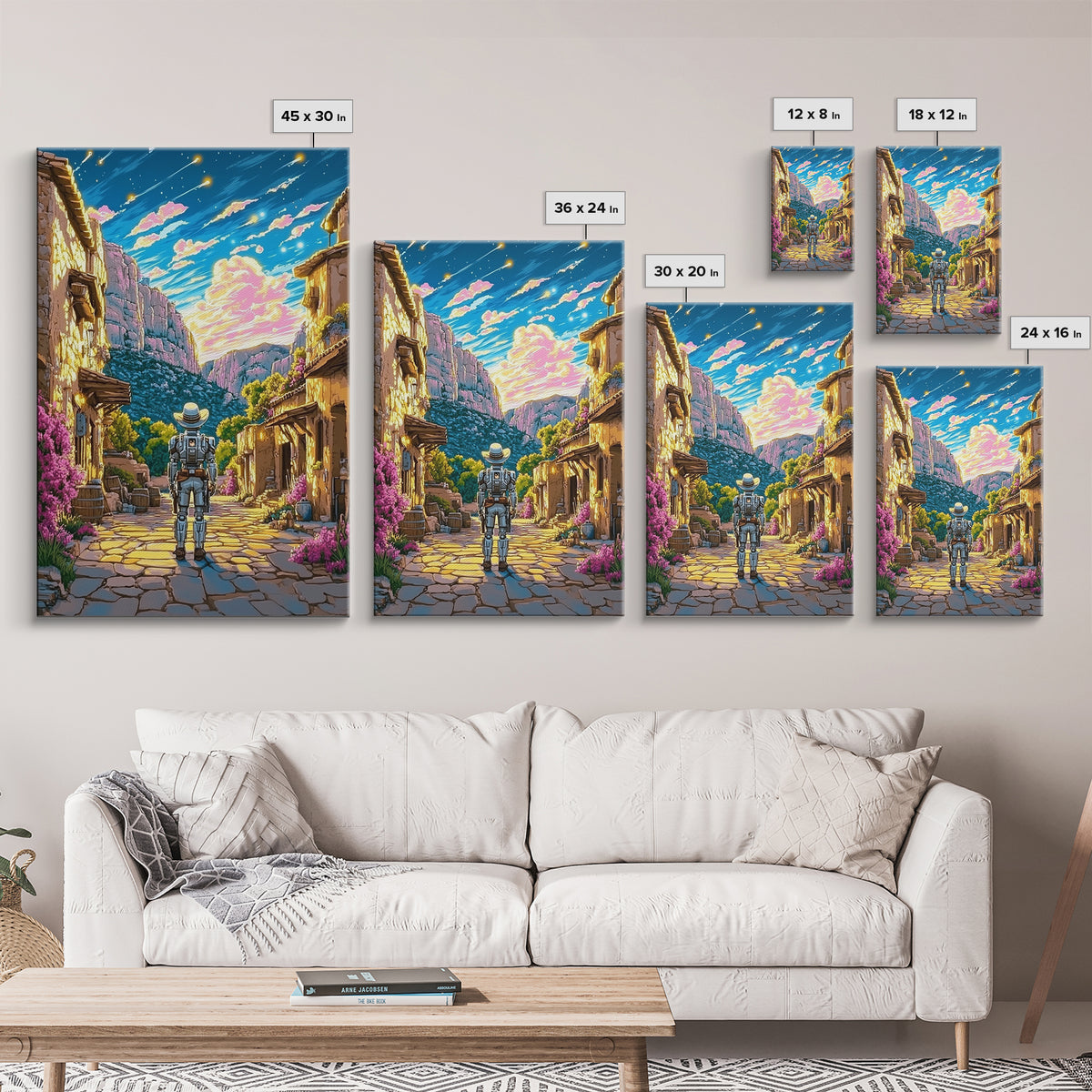Astronaut In Canyon Village Under Meteors Canvas Print, Futuristic Wall Art, Space Decor, Sci Fi Poster, Gamer Room Decor, Gift For Him
