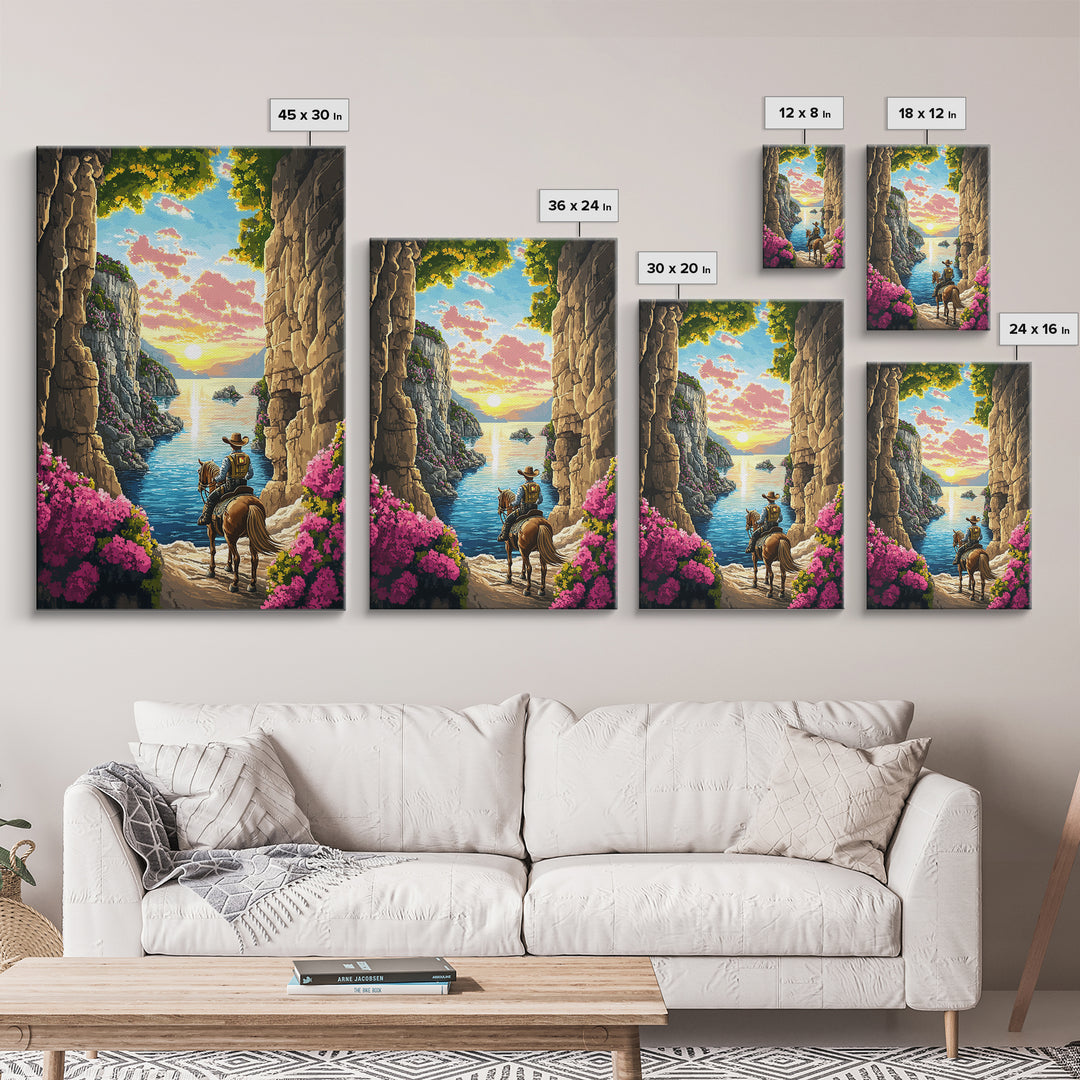 Cowboy Horseback Coastal Canyon Sunset Wall Art, Western Landscape Canvas, Adventure Decor, Ocean Cliff Art Print, Living Room Decor