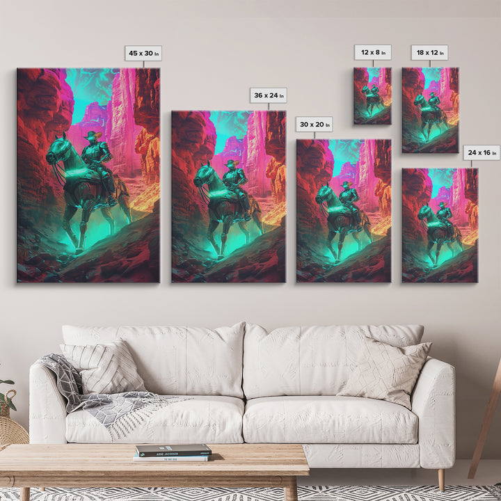 Neon Robot Cowboy In Red Desert Canyon Canvas Print, Cyberpunk Western Wall Decor, Futuristic Sci Fi Gaming Room Wall Decor