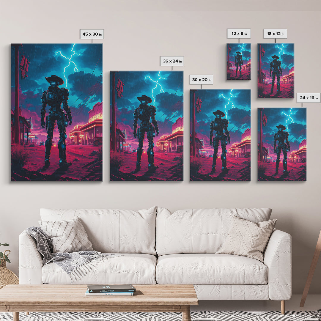 Robot Cowboy In Neon Storm Western Town Wall Art, Cyberpunk Sci Fi Poster, Futuristic Gaming Room Decor, Man Cave Gift For Him