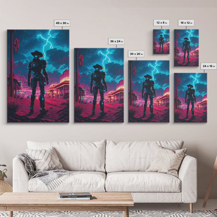 Robot Cowboy In Neon Storm Western Town Wall Art, Cyberpunk Sci Fi Poster, Futuristic Gaming Room Decor, Man Cave Gift For Him