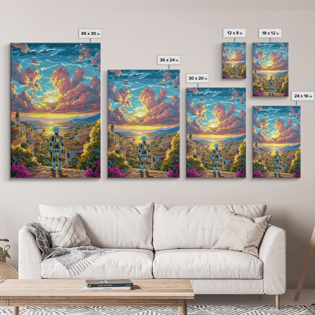 Robot Traveler Above Coastal Village Sunset Framed Canvas Print, Mediterranean Wall Art, Modern Landscape Decor, Living Room Art