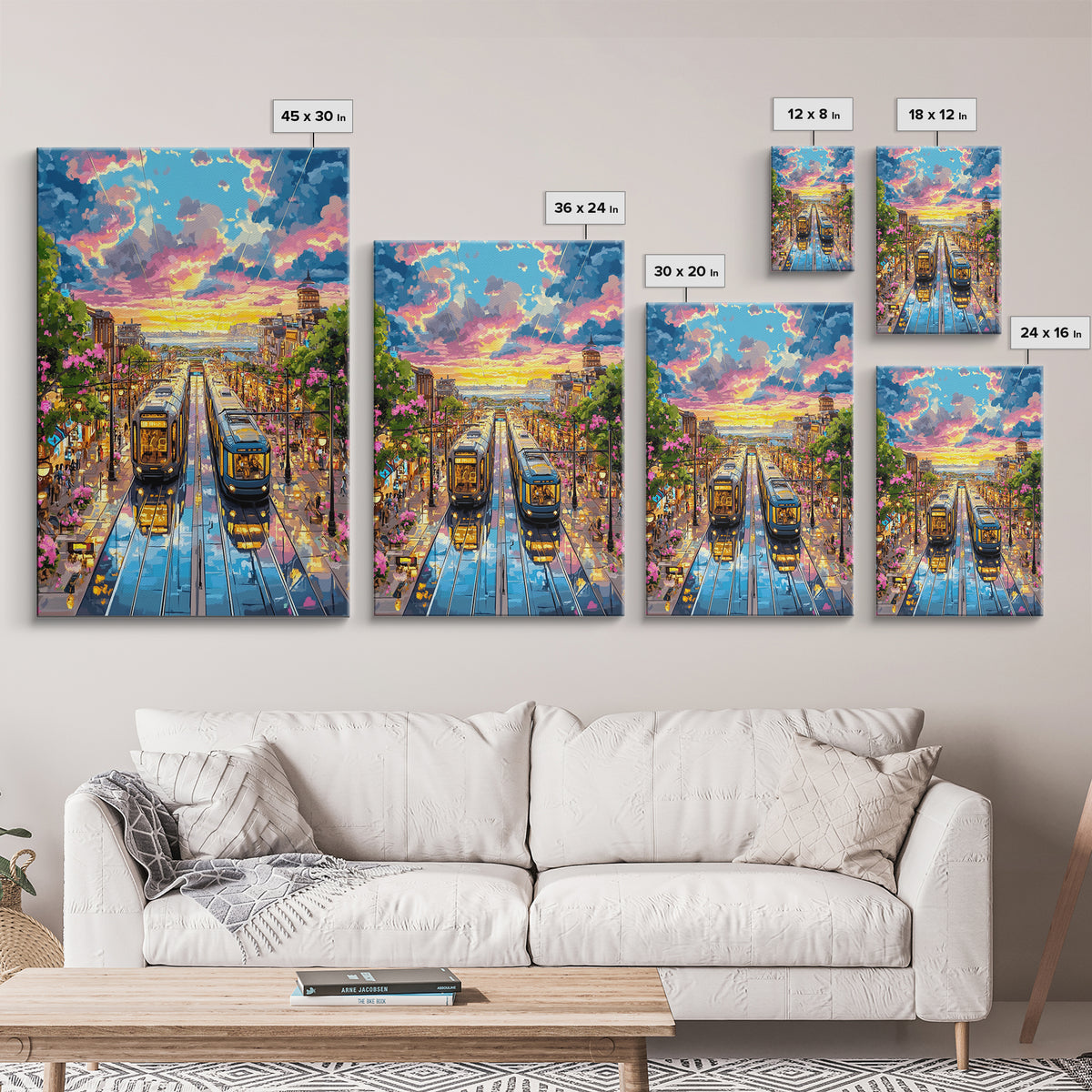 Colorful Tram Street At Sunset Canvas Print, Urban Landscape Wall Art, City Travel Poster, Eclectic Living Room Home Decor