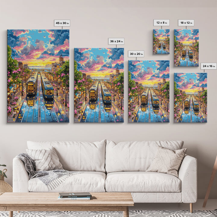 Colorful Tram Street At Sunset Canvas Print, Urban Landscape Wall Art, City Travel Poster, Eclectic Living Room Home Decor