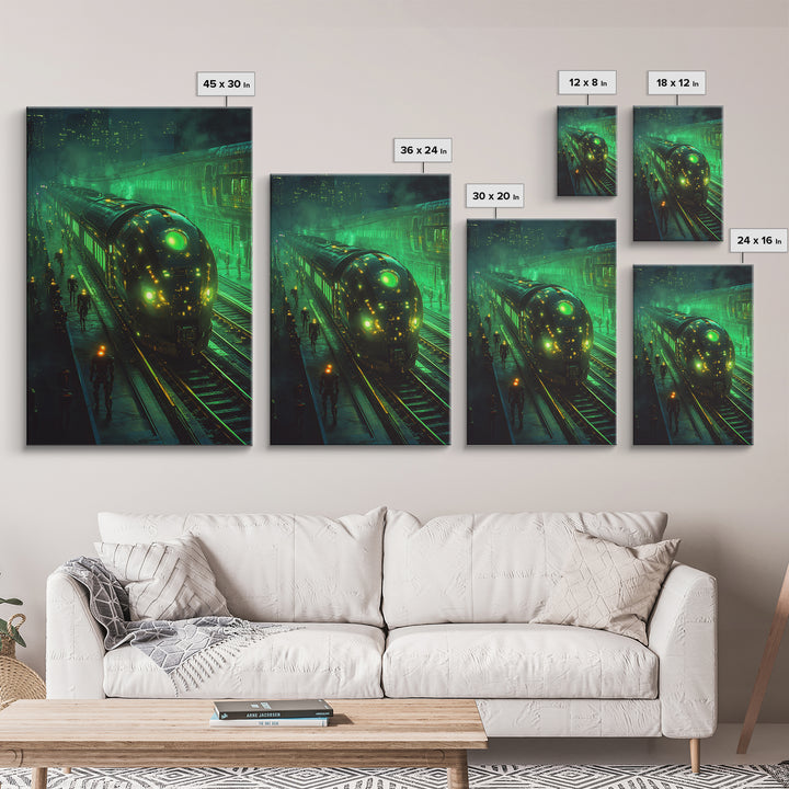 Glowing Green Futuristic Train Station Wall Art, Cyberpunk Railway Canvas, Dark Sci Fi Cityscape Office Decor, Gaming Room Art
