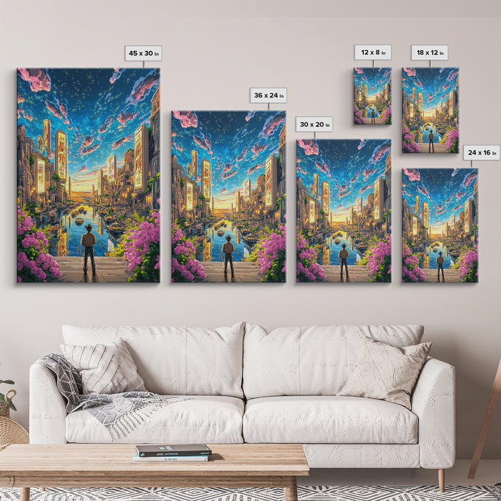 Cowboy Overlooking Neon Canal City At Dusk Wall Art, Futuristic Western Travel Poster, Colorful Urban Home Decor, Living Room Art