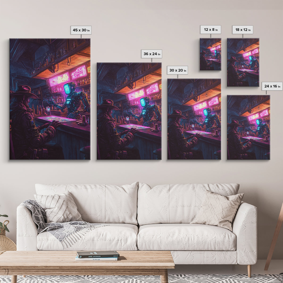 Neon Robot Bartender And Cyber Cowboy Saloon Wall Art, Futuristic Western Canvas Print, Sci Fi Bar Decor, Man Cave Gift Idea