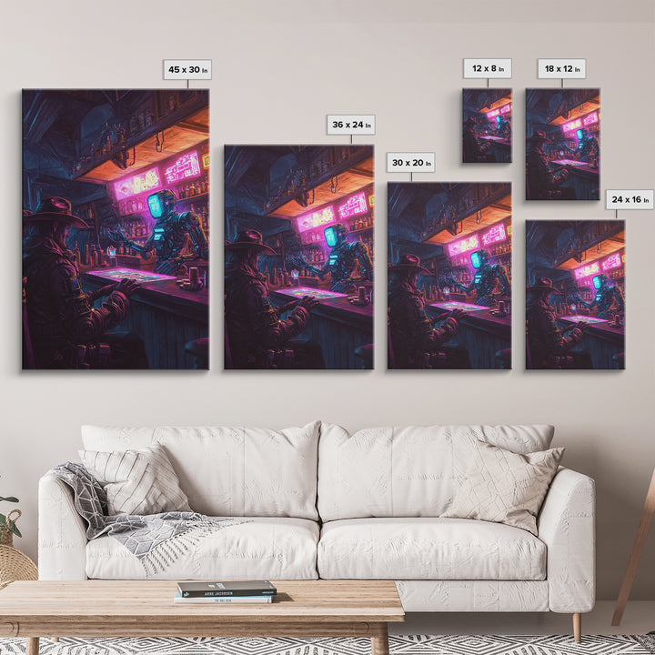 Neon Robot Bartender And Cyber Cowboy Saloon Wall Art, Futuristic Western Canvas Print, Sci Fi Bar Decor, Man Cave Gift Idea