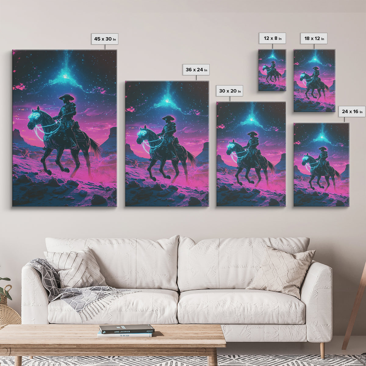 Neon Cosmic Cowboy On Glowing Horse Wall Art, Futuristic Western Desert Canvas Print, Sci Fi Space Decor For Gamers Gift