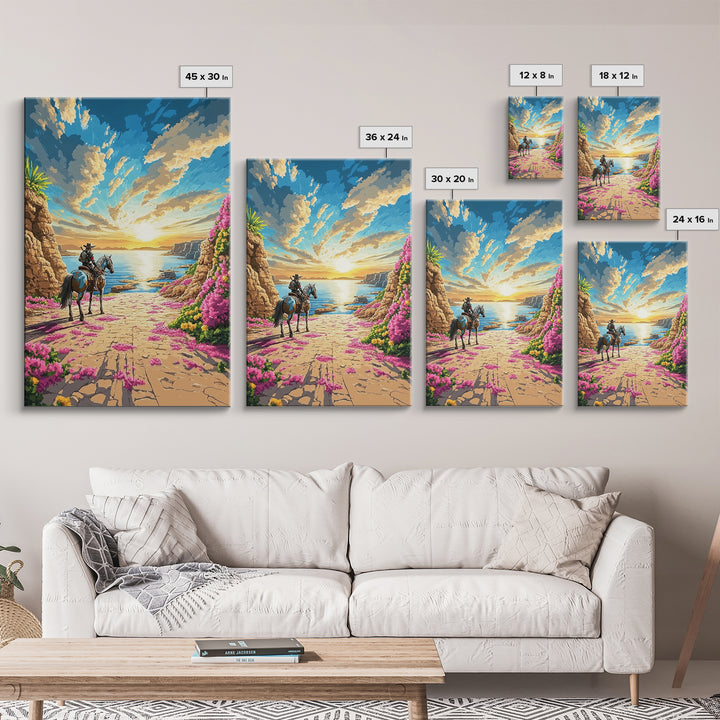 Western Rider On Coastal Flower Path Wall Art, Sunset Seascape Landscape Framed Canvas Print, Beach House Decor Gift Idea