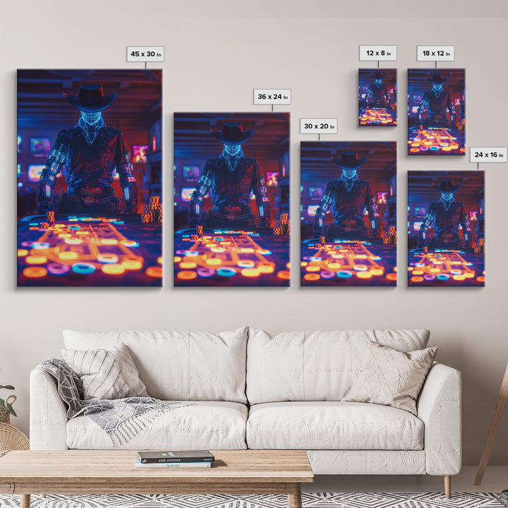 Glowing Robot Cowboy At Neon Poker Table Wall Art, Futuristic Casino Canvas Print, Gaming Room Man Cave Decor Gift For Him
