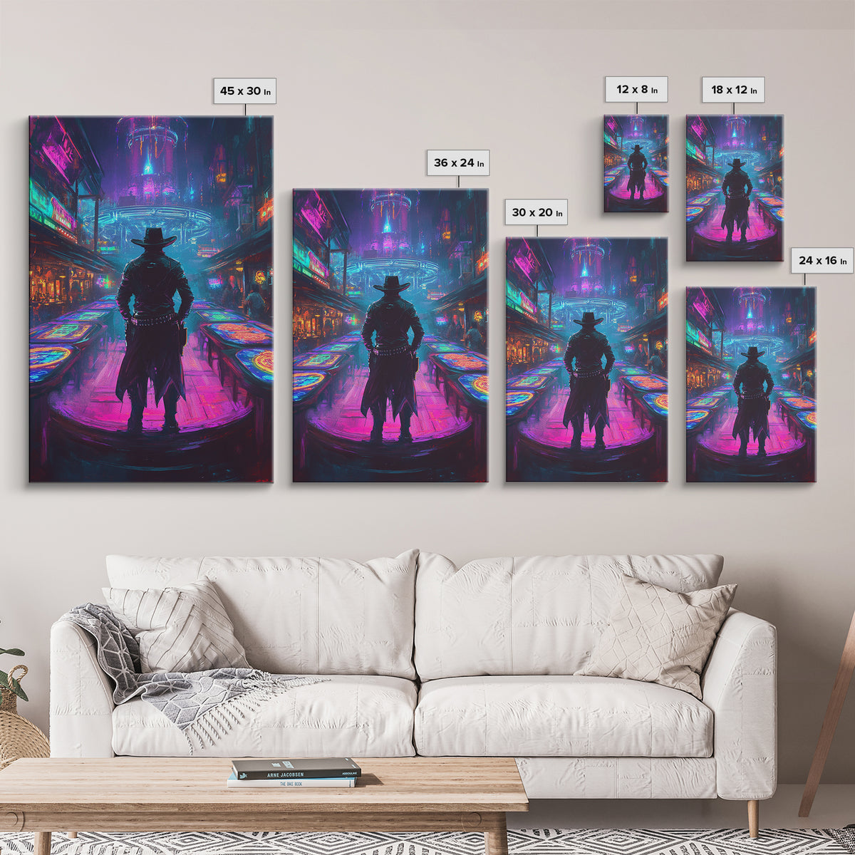 Cyber Cowboy In Neon Futuristic City Wall Art, Dystopian Western Street Canvas Print, Sci Fi Gaming Room Decor Gift For Him