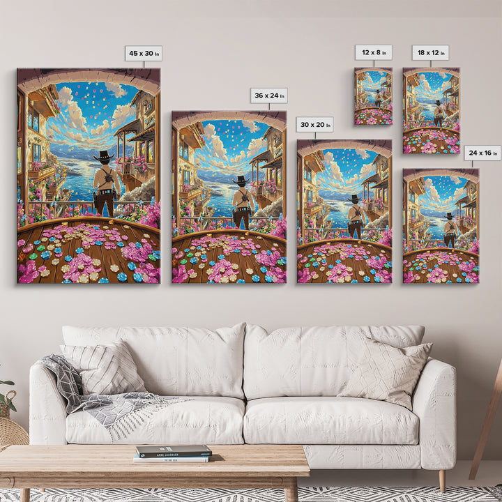 Cowboy Overlooking Coastal Village And Poker Coins Wall Art, Whimsical Western Canvas Print, Beach House Decor Gift For Her