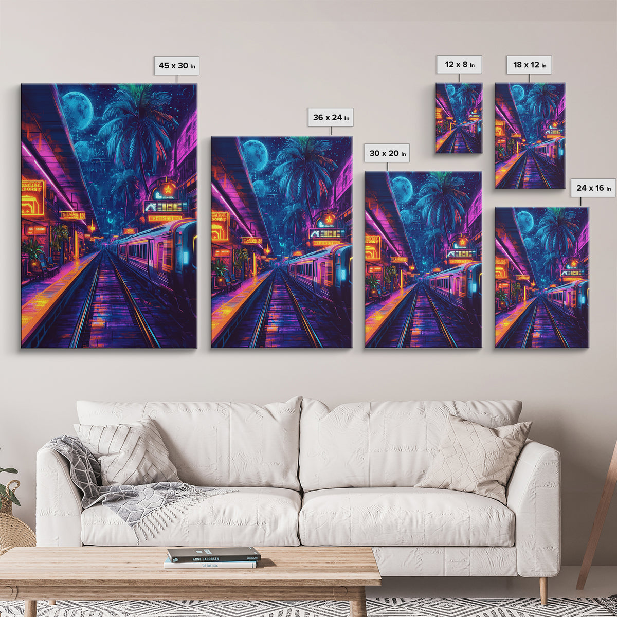 Neon Tropical Cyberpunk Train Wall Art, Futuristic Cityscape Art, Vaporwave Decor, Gaming Room Art, Large Sci Fi Canvas Print