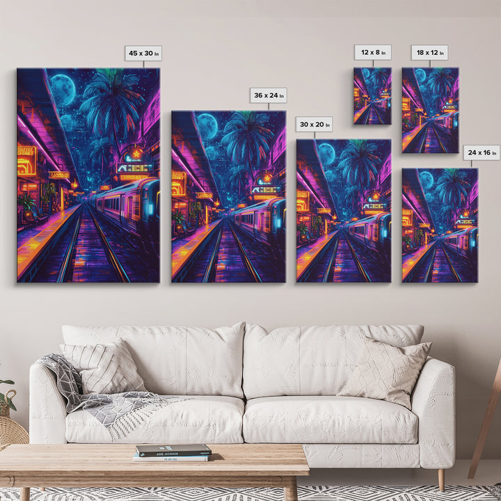 Neon Tropical Cyberpunk Train Wall Art, Futuristic Cityscape Art, Vaporwave Decor, Gaming Room Art, Large Sci Fi Canvas Print