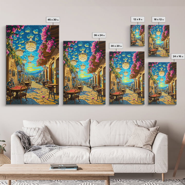 Chandelier Lit Mediterranean Cafe Wall Art, Colorful Travel Poster, Coastal Decor, Dining Room Print, Framed Canvas Print