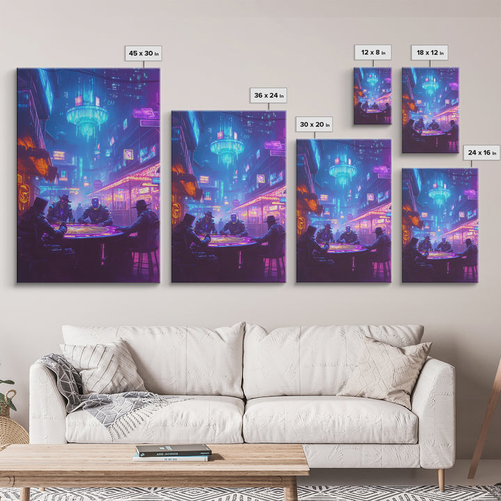 Cyberpunk Poker Table Under Neon Wall Art, Futuristic City Decor, Sci Fi Poster, Gaming Room Art, Man Cave Decor, Large Canvas Print