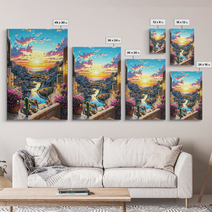 Sunset Canyon Village And River Wall Art, Mediterranean Landscape Print, Coastal Home Decor, Colorful Art, Large Canvas Print