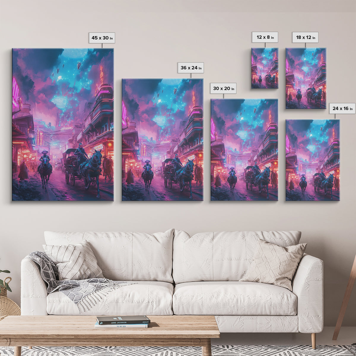 Neon Cyberpunk Horseback City Under Cosmic Sky Wall Art, Futuristic Sci Fi Poster, Gaming Room Decor, Vaporwave Home Decor