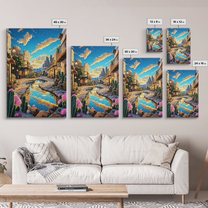 Sunlit Desert Village Street With Cactus And Mountains Canvas Print, Southwestern Wall Art, Boho Home Decor, Travel Poster