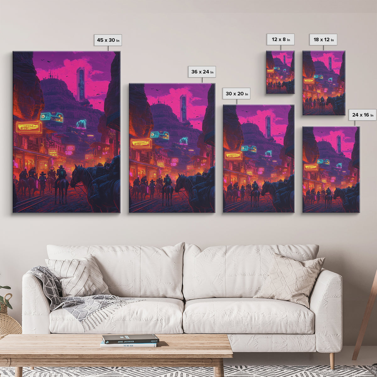 Neon Western Canyon Town With Cowboys Framed Canvas Print, Cyberpunk Wall Art, Futuristic Decor, Gaming Room Poster, Sci Fi Home Decor