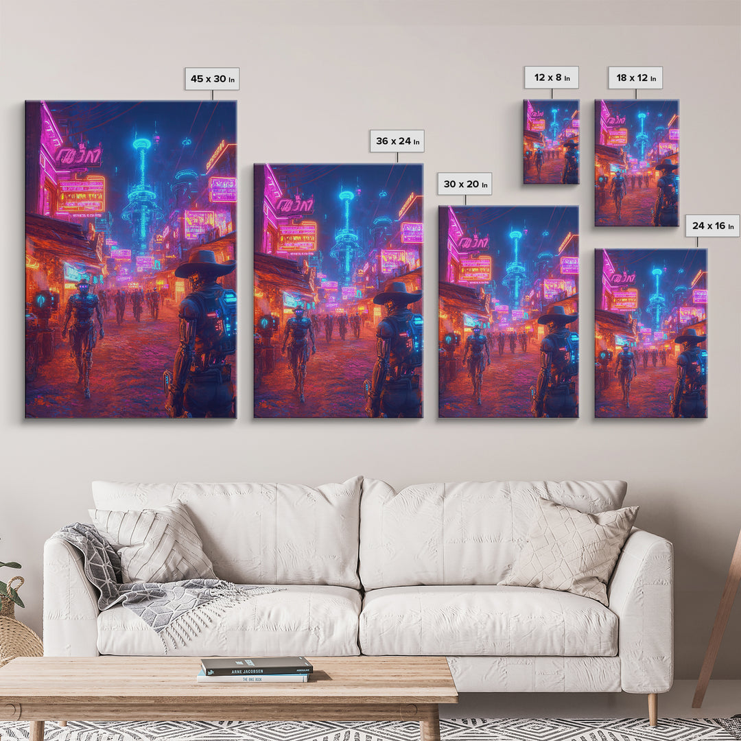Neon Cyberpunk Cowboy And Robot City Canvas Print, Futuristic Wall Art, Sci Fi Poster, Gaming Room Decor, Vaporwave Gift