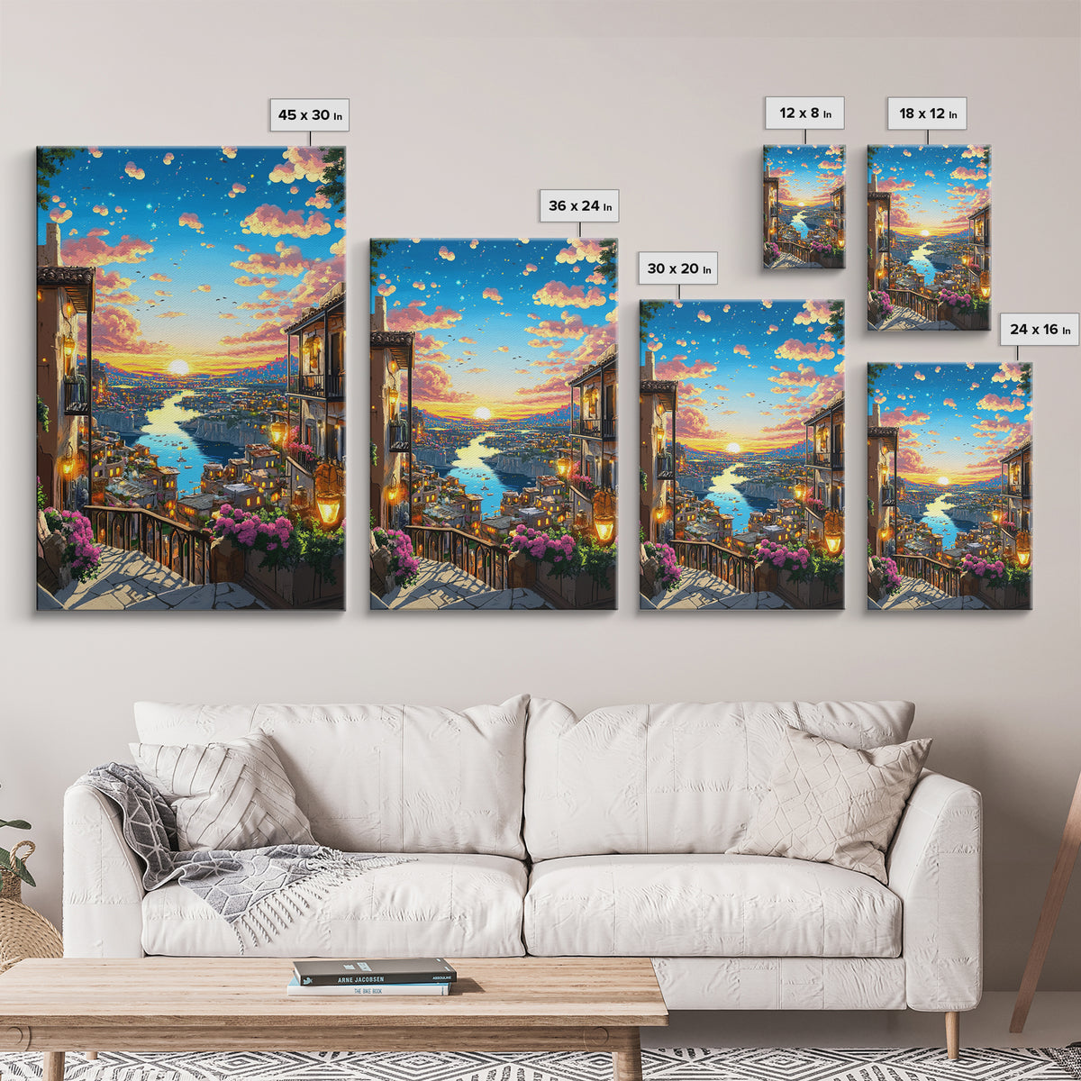 Romantic Sunset River City Balcony With Flowers Wall Art, Mediterranean Travel Poster, Coastal Home Decor, Colorful Art Print