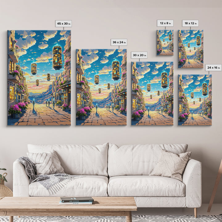 Floating Futuristic City Street With Sky Pods Canvas Print, Sci Fi Wall Art, Cyberpunk Decor, Modern Travel Poster Gift For Him