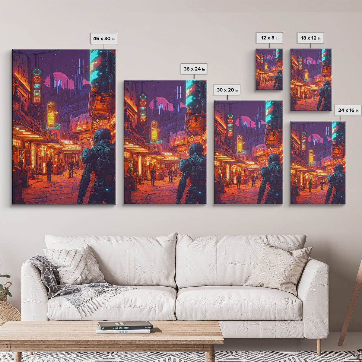 Neon Spaceport Street With Astronaut And Moon Wall Art, Cyberpunk Sci Fi Poster, Gaming Room Decor, Futuristic Canvas Art