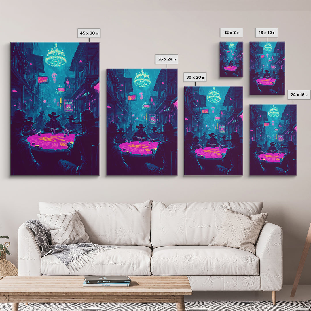 Neon Cyberpunk Poker Game With Cowboys Framed Canvas Print, Western Wall Art, Man Cave Decor, Gaming Room Poster Gift For Him