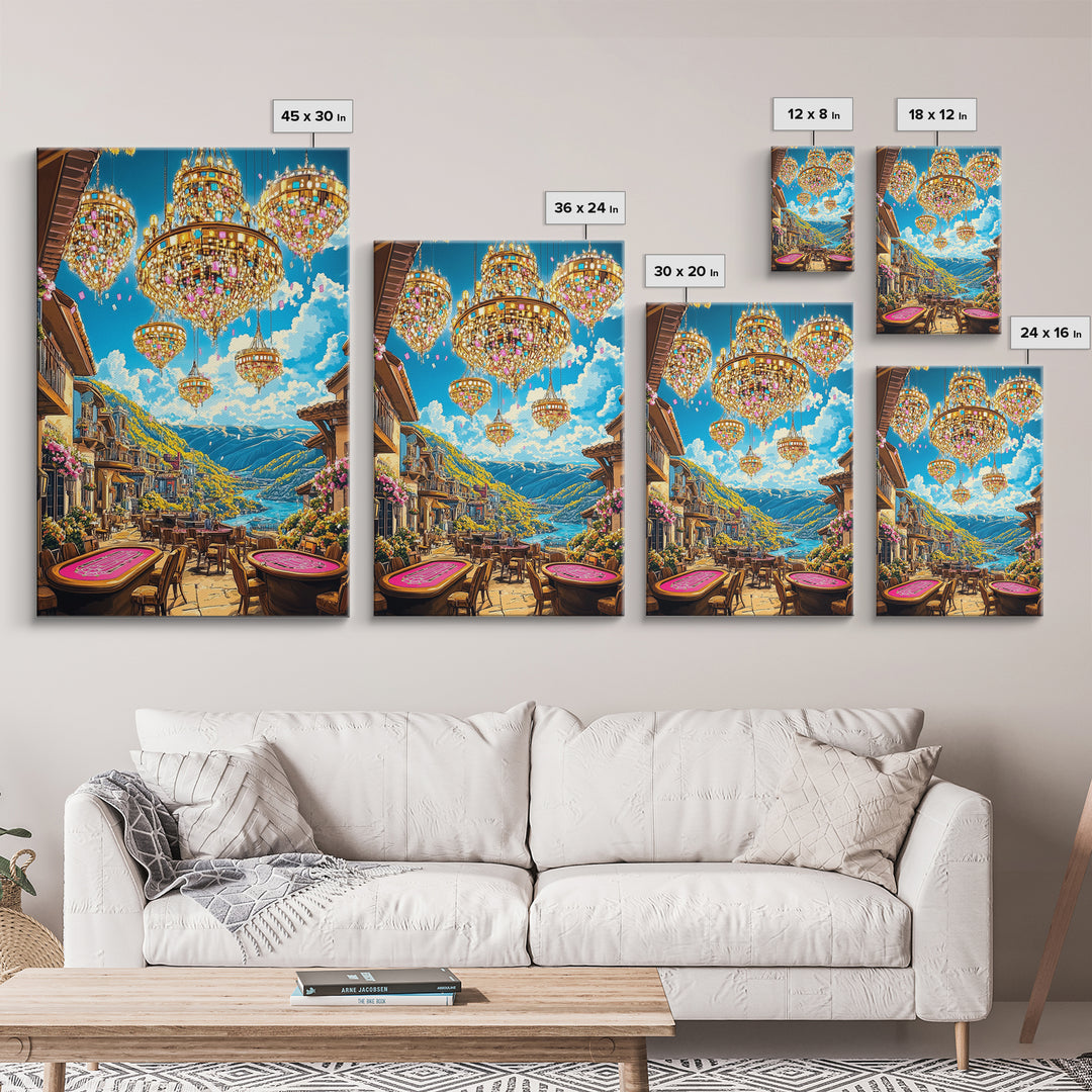 Jeweled Chandeliers Over Alpine Village Canvas Print, Whimsical Mountain Wall Art, Maximalist Luxury Home Decor, Statement Artwork