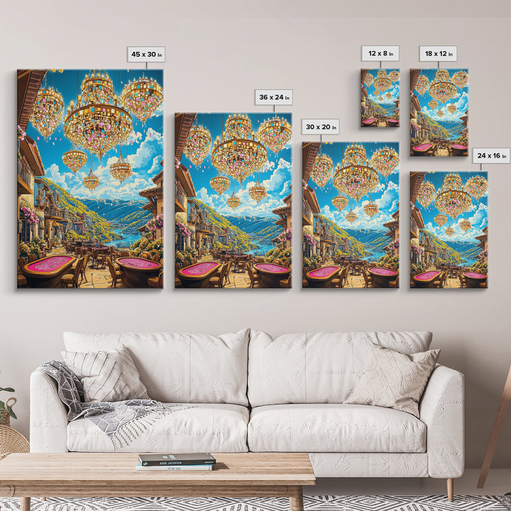 Jeweled Chandeliers Over Alpine Village Canvas Print, Whimsical Mountain Wall Art, Maximalist Luxury Home Decor, Statement Artwork