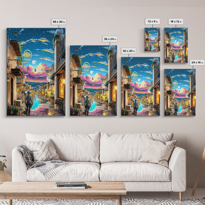 Moonlit Cowboy Canal Street Canvas Print, Western Wall Art, Neon Cityscape, Whimsical Travel Poster, Gift For Him, Living Room Decor