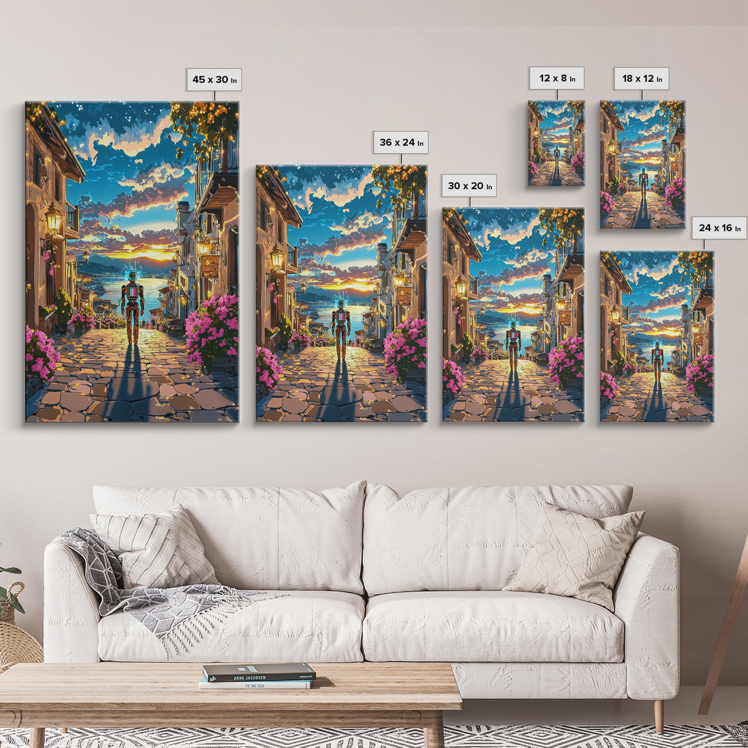 Astronaut In Sunset Coastal Village Framed Canvas Print, Sci Fi Wall Art, Futuristic Seascape, Gaming Room Decor, Unique Gift