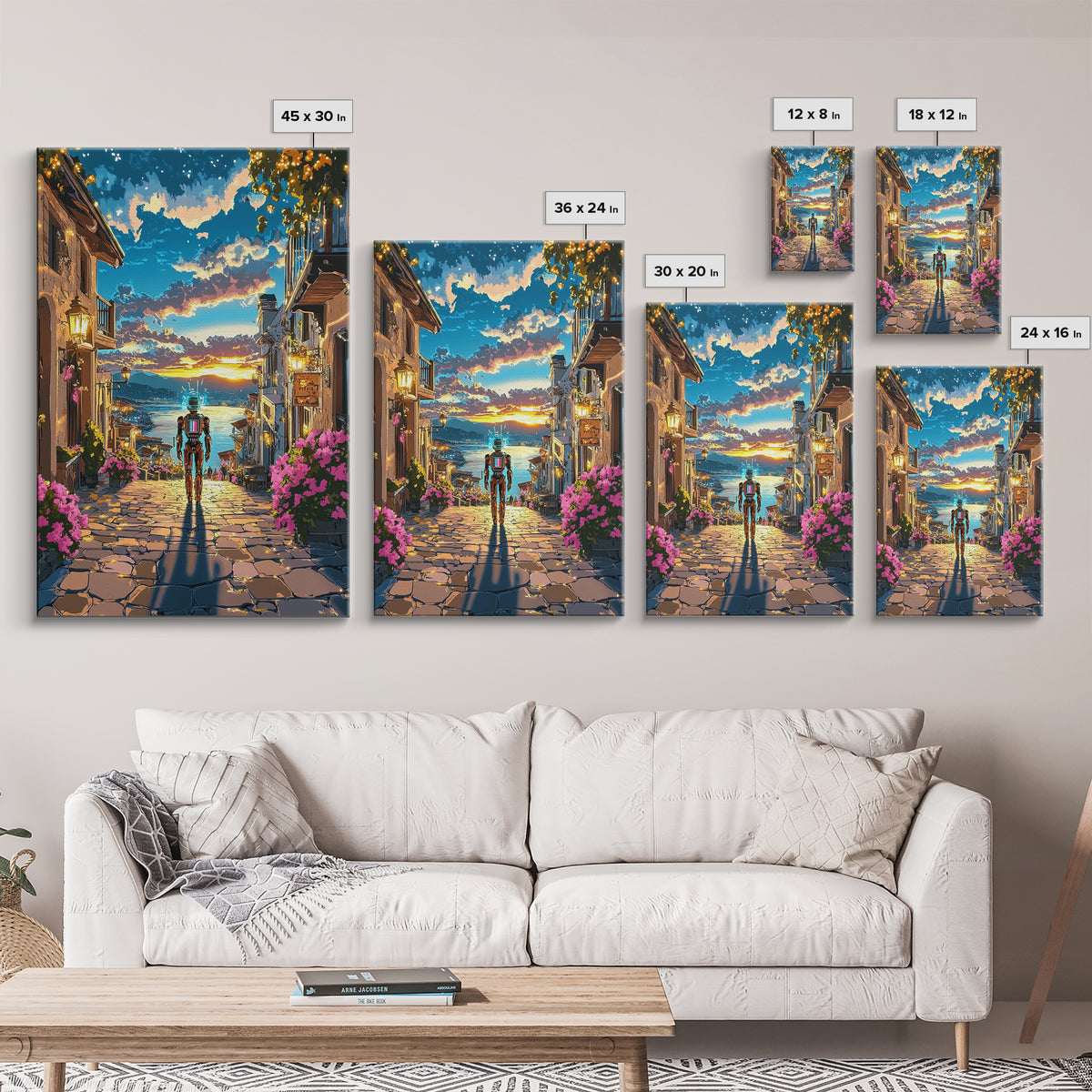 Astronaut In Sunset Coastal Village Framed Canvas Print, Sci Fi Wall Art, Futuristic Seascape, Gaming Room Decor, Unique Gift