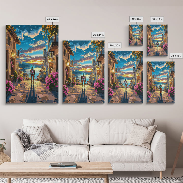 Astronaut In Sunset Coastal Village Framed Canvas Print, Sci Fi Wall Art, Futuristic Seascape, Gaming Room Decor, Unique Gift