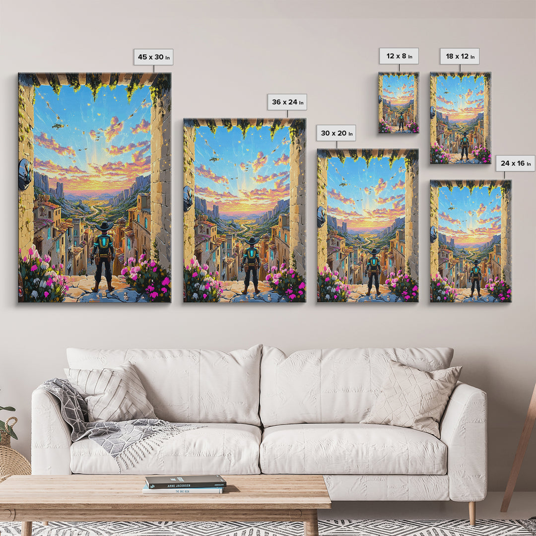 Robot Cowboy Canyon Gateway Canvas Print, Western Sci Fi Wall Art, Desert Landscape, Futuristic Home Office Decor, Gift For Him