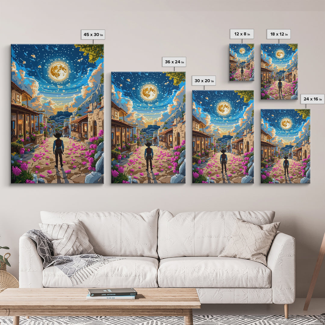 Golden Full Moon Village Path Canvas Print, Celestial Wall Art, Mediterranean Night Sky, Whimsical Bedroom Decor, Moon Art Print