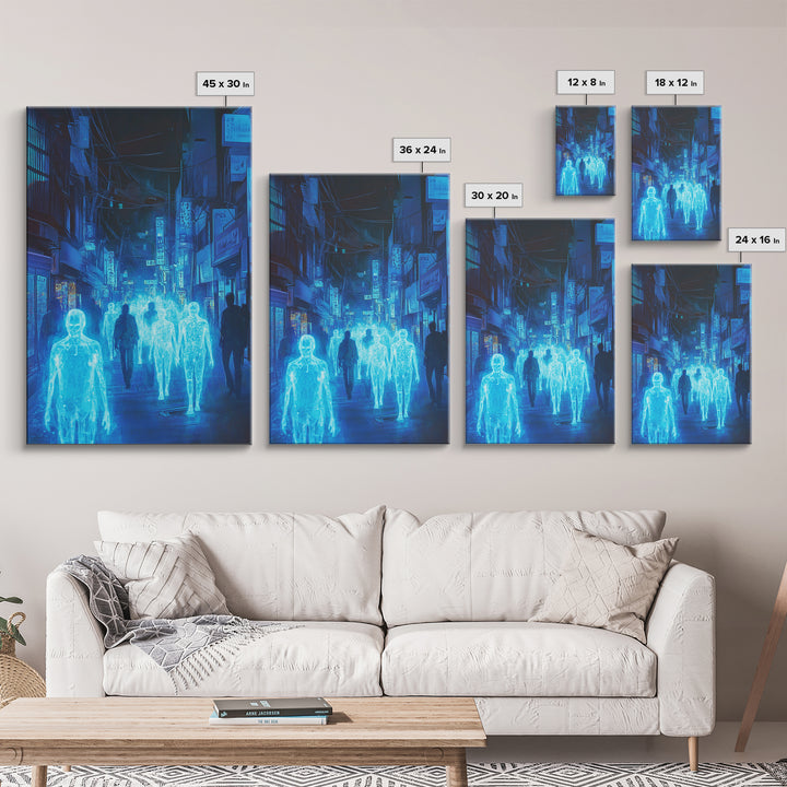 Blue Hologram Figures In Cyberpunk Alley Framed Canvas Print, Neon Wall Art, Sci Fi Cityscape, Gaming Room Decor, Futuristic Decor