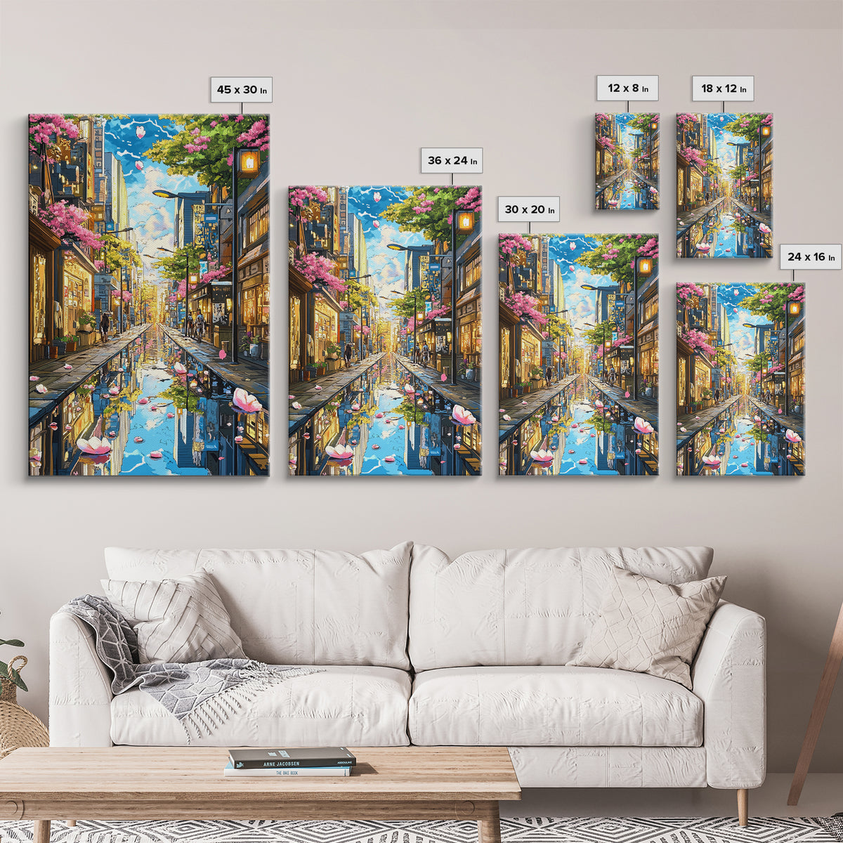 Cherry Blossom Rainy Tokyo Street Canvas Print, Japanese Wall Art, Urban Cityscape, Spring Gallery Wall Decor, Living Room Decor