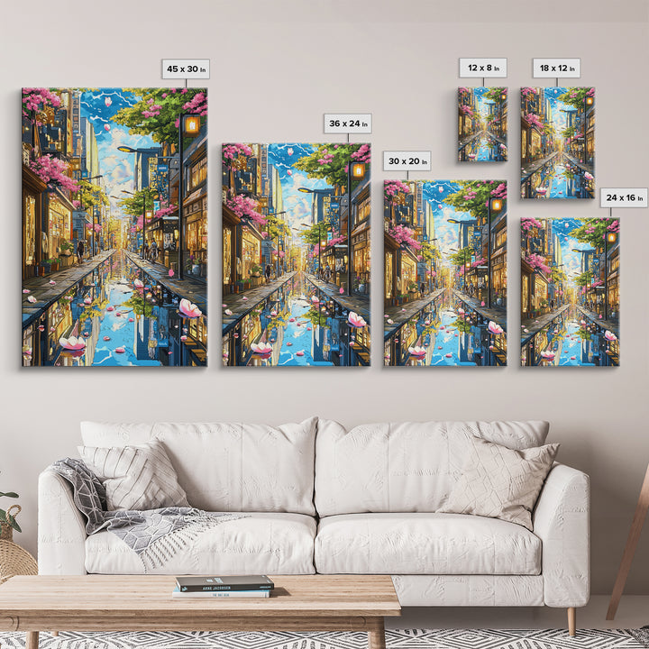 Cherry Blossom Rainy Tokyo Street Canvas Print, Japanese Wall Art, Urban Cityscape, Spring Gallery Wall Decor, Living Room Decor