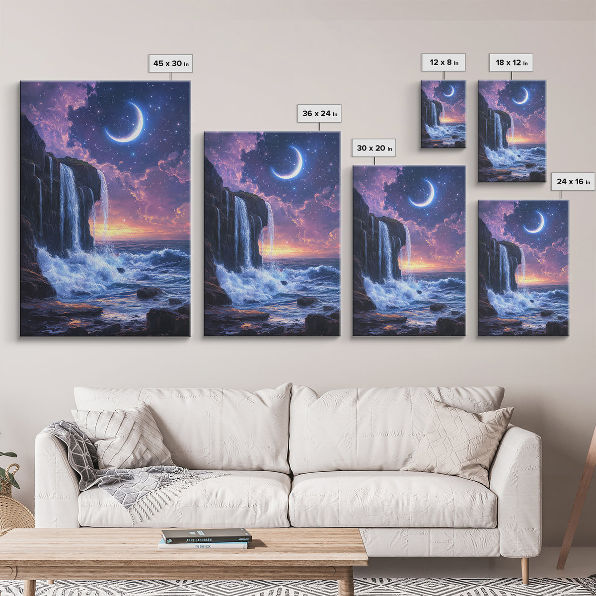 Crescent Moon Waterfall Ocean Canvas Print, Celestial Wall Art, Fantasy Seascape, Coastal Bedroom Decor, Starry Night Sky, Gift For Her